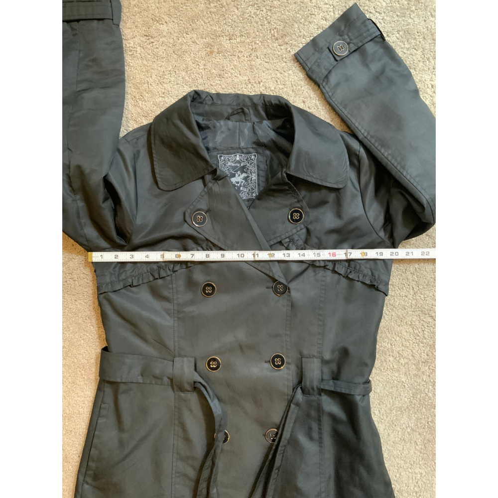 Beverly Hills Polo Club Womens Black Trench Coat Lg Belted Waist Ruffled Design - Picture 6 of 16